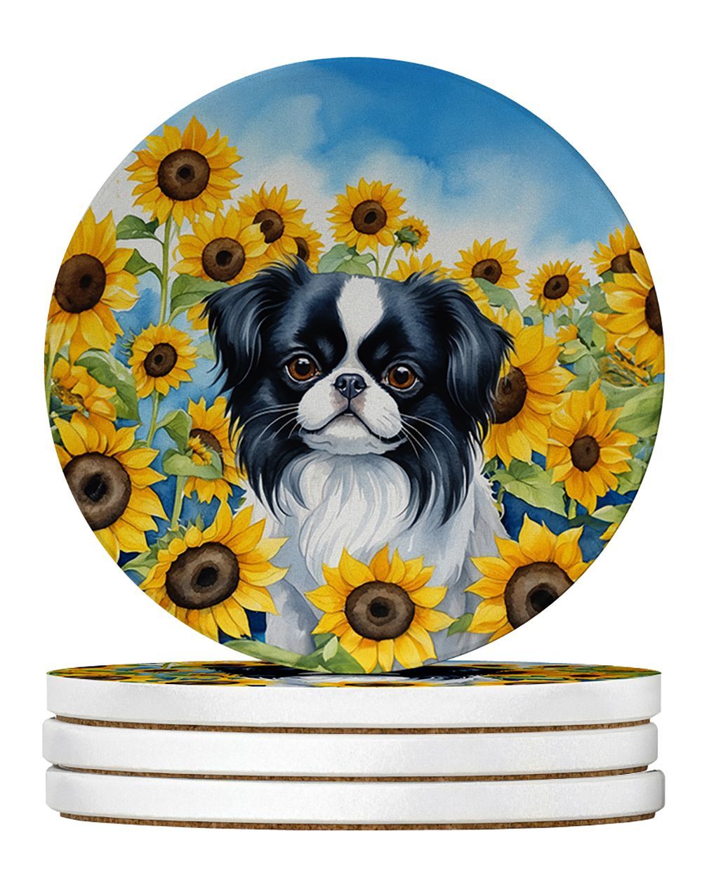 Japanese Chin In Sunflowers Large Sandstone Coasters Pack Of 4 Absorbent Round Coasters Decor Gifts For Men Or Women, 4 In, Multicolor_maomaolike.com