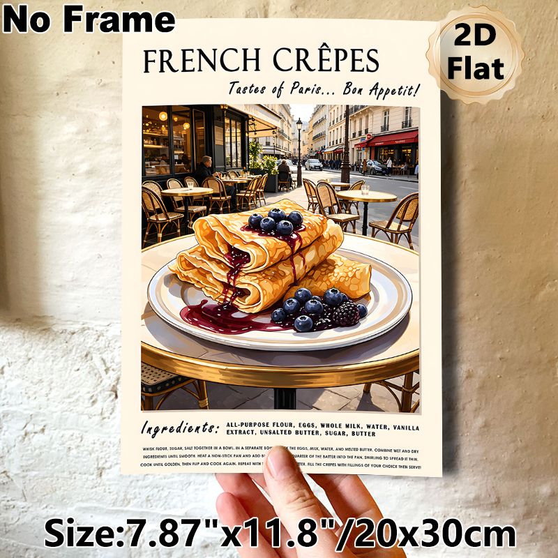 French Crêpes Painting Poster, Vintage Parisian Café Style Illustrated Poster, Appetizing Berry-topped Crêpes Design, Ideal For Kitchen And Dining_maomaolike.com