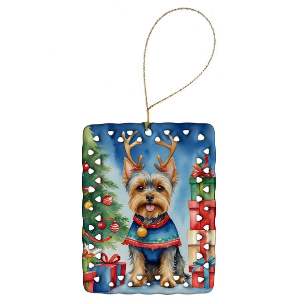 Yorkshire Terrier Yorkie Christmas Reindeer Porcelain Ornament Christmas Tree Hanging Decorations For Home Christmas Holiday, Rectangle, Gift, Multicolor_maomaolike.com