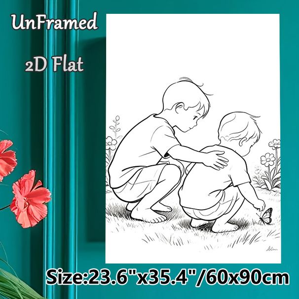 Gentle Companions With Butterfly Painting Poster, Minimalist Line Art Poster, Tender Black-and-white Scene Of Two Figures With Butterfly And Wild_maomaolike.com