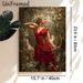 Mythological Huntress Painting Poster, Vintage Oil Style Forest Scene Poster, Elegant Huntress In Red Dress With Bow And Deer, Tasteful Decorative_maomaolike.com