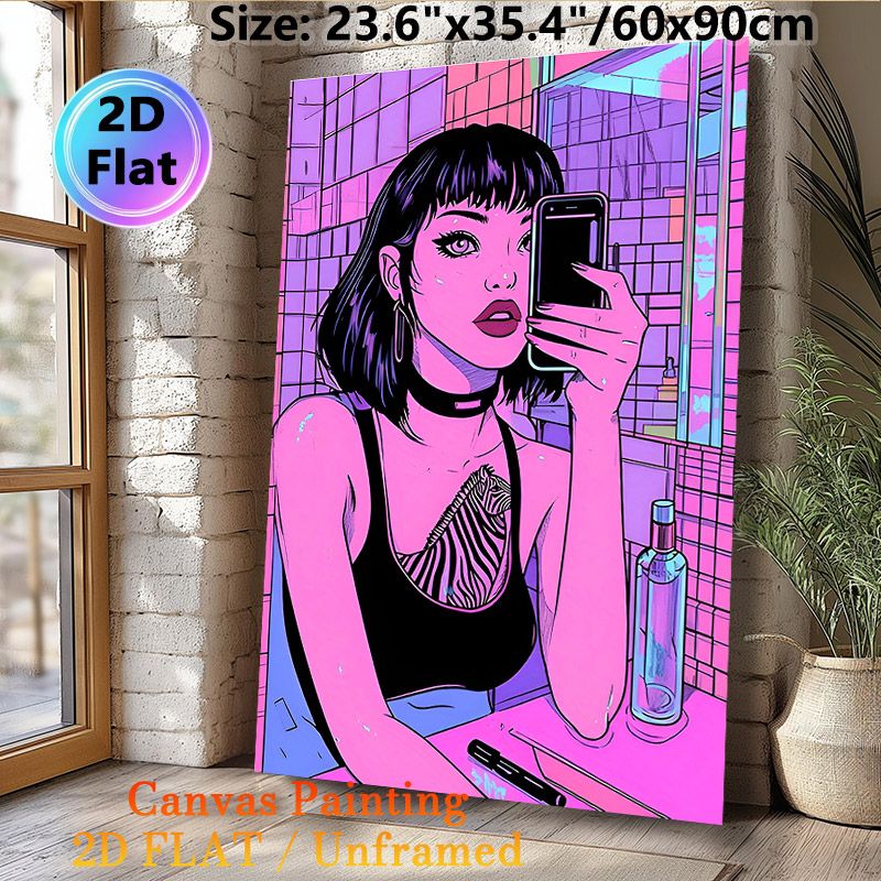 Anime Girl Selfie Painting Poster, Vibrant Neon Cyber-Style Bathroom Scene Poster, Eye-catching Trendy Decor For Bedroom, Living Room_maomaolike.com