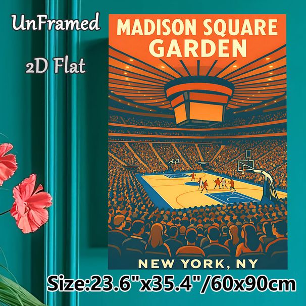 Basketball Game At Madison Square Garden Painting Poster, Vibrant Retro-style Basketball Arena Crowd Scene Poster, Eye-catching Sports Decor Ideal For_maomaolike.com