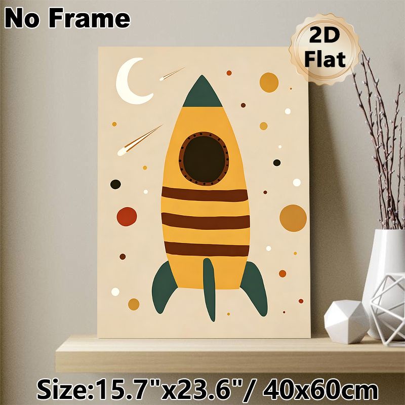 Space Rocket Painting Poster, Vintage Minimalist Warm-toned Rocket With Moon, Shooting Stars & Planets Poster, Whimsical Space-themed Decor, Ideal For_maomaolike.com