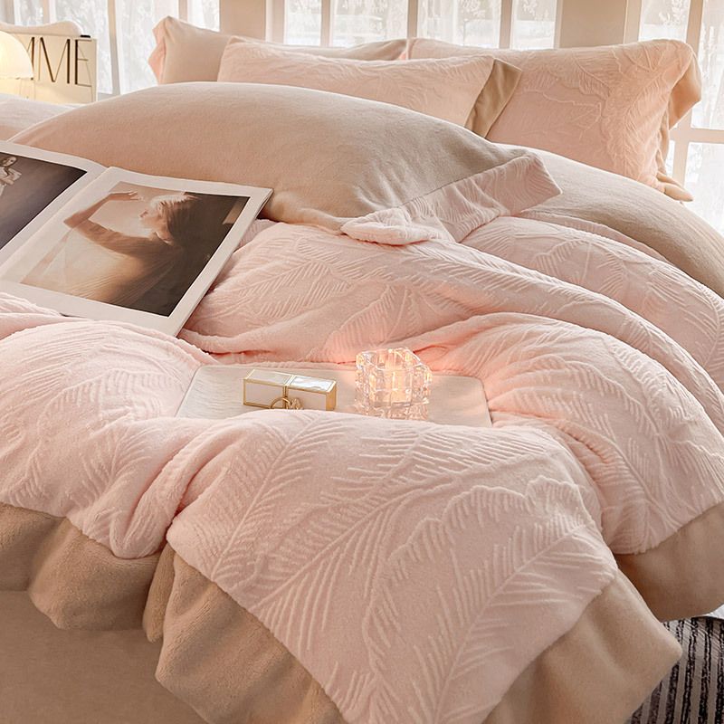 Light Luxury Carved Milk Velvet Four-Piece Set Autumn Winter Thickened Warm Coral Fleece Duvet Cover Sheet Bed Skirt Bedding Whole_maomaolike.com