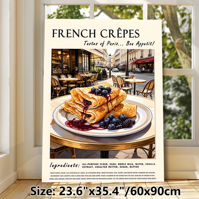 French Crêpes Painting Poster, Vintage Parisian Café Style Illustrated Poster, Appetizing Berry-topped Crêpes Design, Ideal For Kitchen And Dining_maomaolike.com