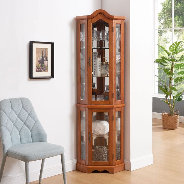 Curio Cabinet Lighted Glass Display Curio Cabinet W/Tempered Glass Doors And Shelves, Crown Corner Cabinet With Bulb, Corner Storage Decoration For Living Room And Bedroom Cherry_maomaolike.com