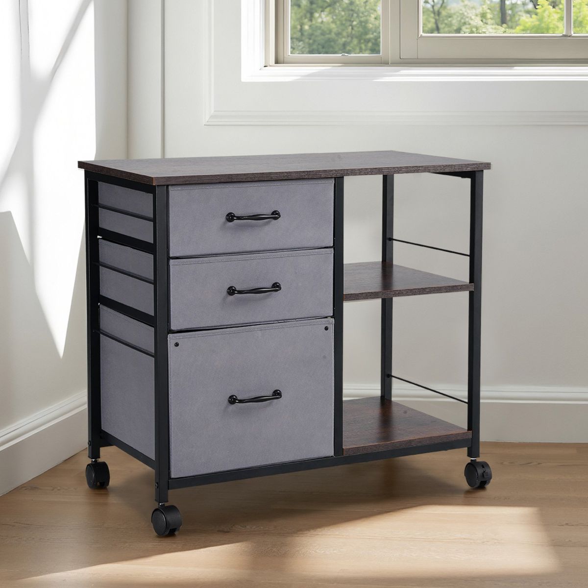 Mobile Metal File Cabinet With 3 Fabric Drawers And 2 Open Shelves Brown_maomaolike.com