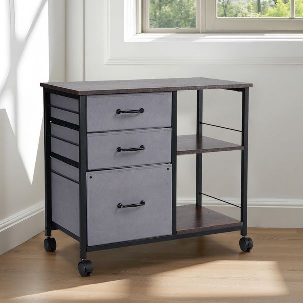 Mobile Metal File Cabinet With 3 Fabric Drawers And 2 Open Shelves Brown_maomaolike.com