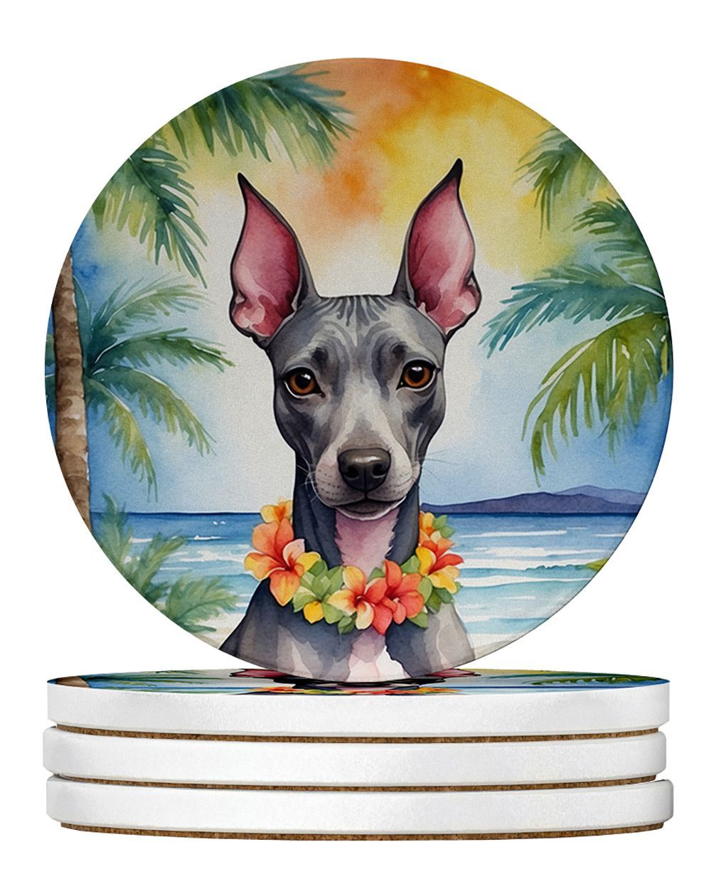 American Hairless Terrier Luau Large Sandstone Coasters Pack Of 4 Absorbent Round Coasters Decor Gifts For Men Or Women, 4 In, Multicolor_maomaolike.com