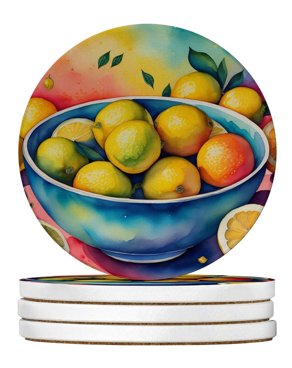 Colorful Lemons Large Sandstone Coasters Pack Of 4 Absorbent Round Coasters Decor Gifts For Men Or Women, 4 In, Multicolor_maomaolike.com