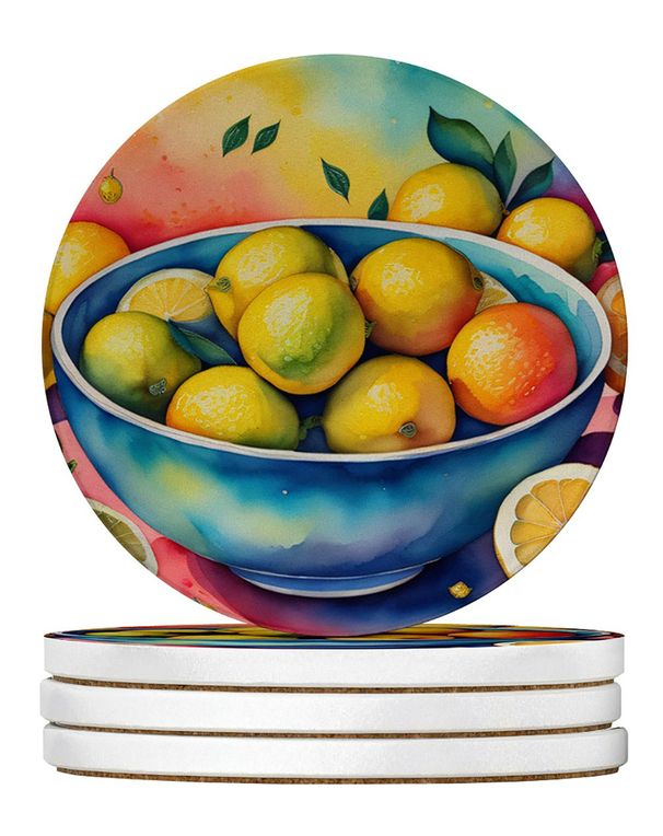 Colorful Lemons Large Sandstone Coasters Pack Of 4 Absorbent Round Coasters Decor Gifts For Men Or Women, 4 In, Multicolor_maomaolike.com
