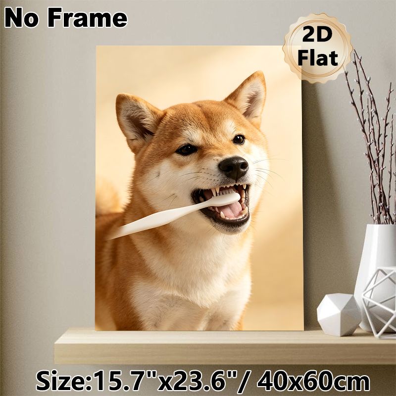 Shiba Inu Brushing Teeth Painting Poster, Warm-toned Cute Playful Pet Scene Poster, Lovely Pet-themed Decor Ideal For Living Room, Bedroom And Pet_maomaolike.com