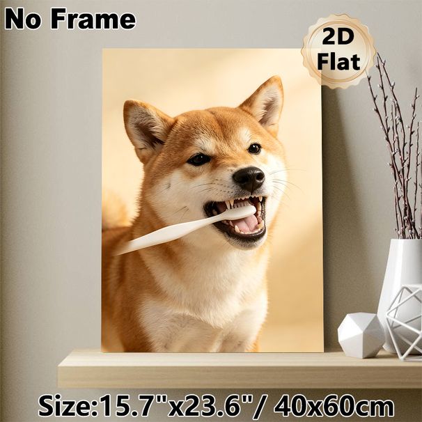 Shiba Inu Brushing Teeth Painting Poster, Warm-toned Cute Playful Pet Scene Poster, Lovely Pet-themed Decor Ideal For Living Room, Bedroom And Pet_maomaolike.com