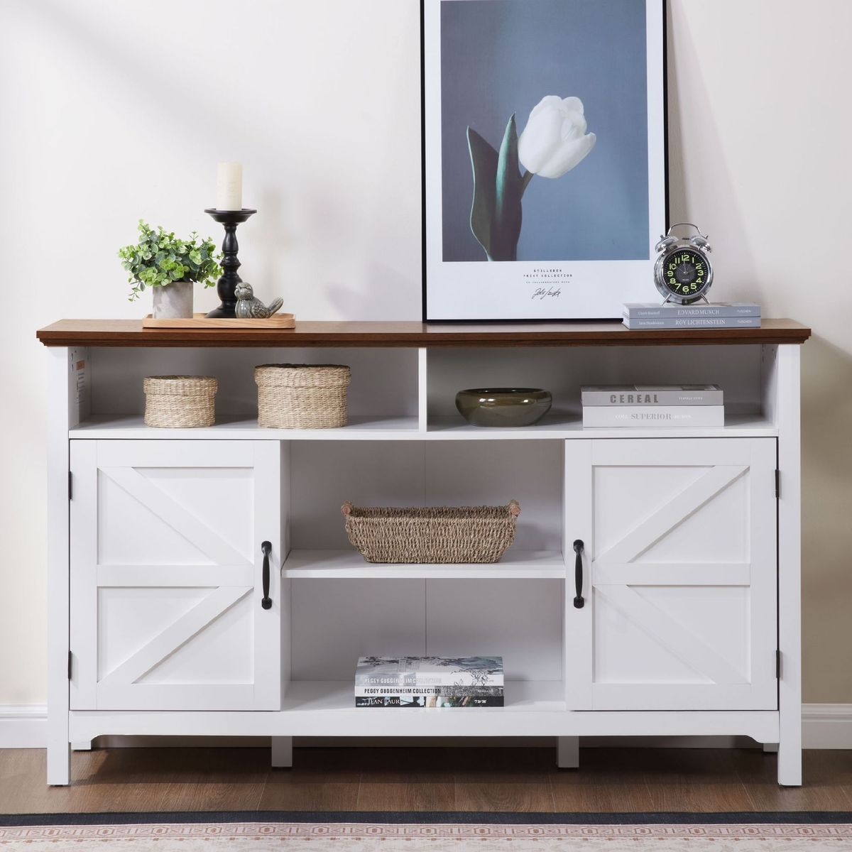 Farmhouse Sideboard Buffet Cabinet With Hinged Barn Doors, 58" Large Kitchen Storage Cabinet With Adjustable Shelves, Antique White Wood Coffee Bar Table For Dining Room, Living Room, Enterway_maomaolike.com