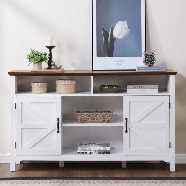 Farmhouse Sideboard Buffet Cabinet With Hinged Barn Doors, 58" Large Kitchen Storage Cabinet With Adjustable Shelves, Antique White Wood Coffee Bar Table For Dining Room, Living Room, Enterway_maomaolike.com