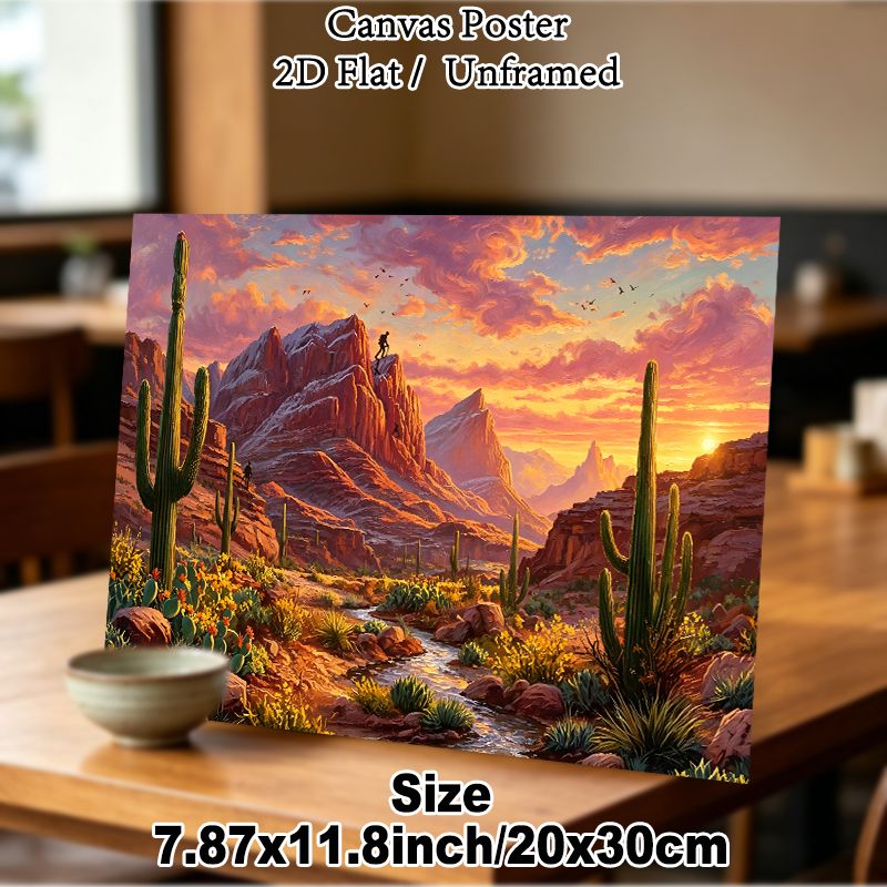 Desert Sunset Mountain Climbing Painting Poster, Warm-toned Oil-painting Style Desert Landscape Poster, Picturesque Scene With Cacti, Stream And_maomaolike.com