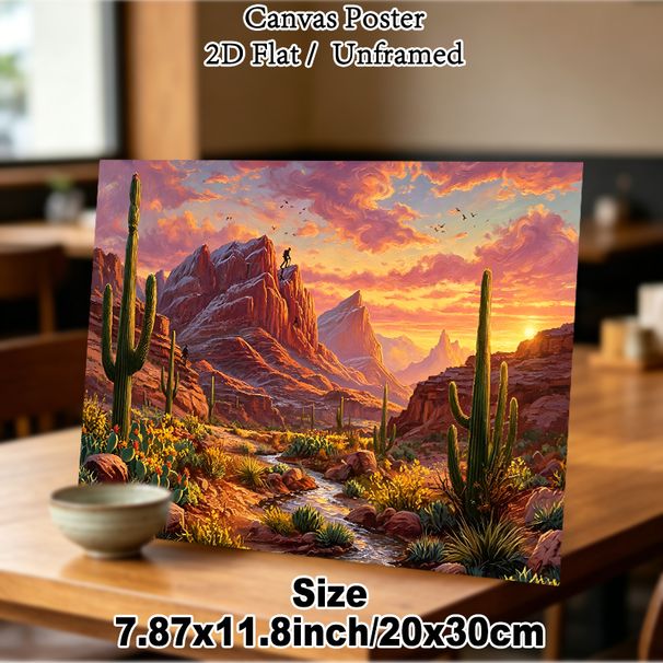 Desert Sunset Mountain Climbing Painting Poster, Warm-toned Oil-painting Style Desert Landscape Poster, Picturesque Scene With Cacti, Stream And_maomaolike.com