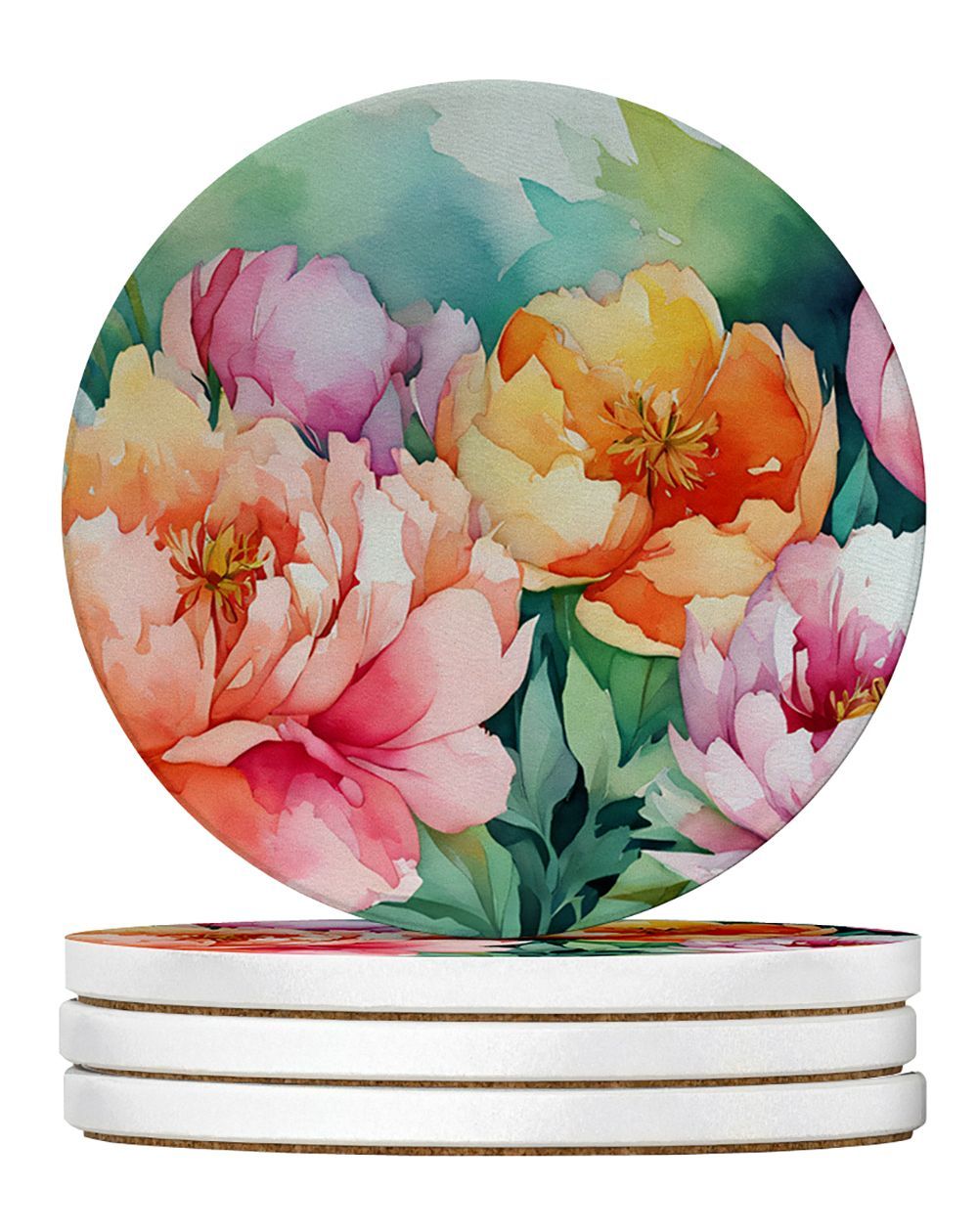 Indiana Peonies In Watercolor Large Sandstone Coasters Pack Of 4 Absorbent Round Coasters Decor Gifts For Men Or Women, 4 In, Multicolor_maomaolike.com