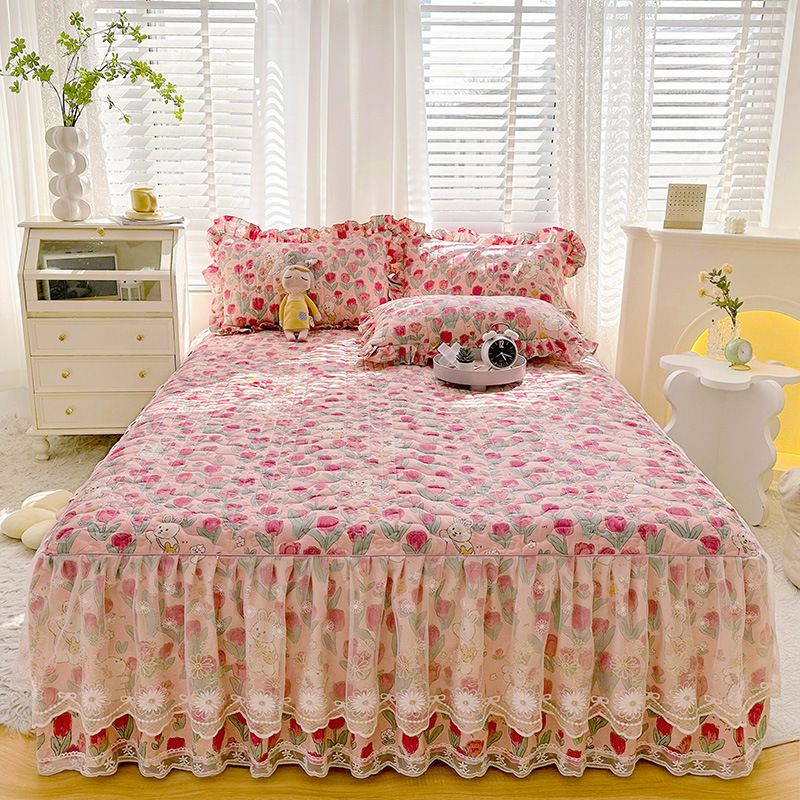 Pure Skirt Single Piece Princess Girl Lace Cover Three-Piece Set Full Cotton Thickened Quilted Non-Slip Bed Sheet Style_maomaolike.com