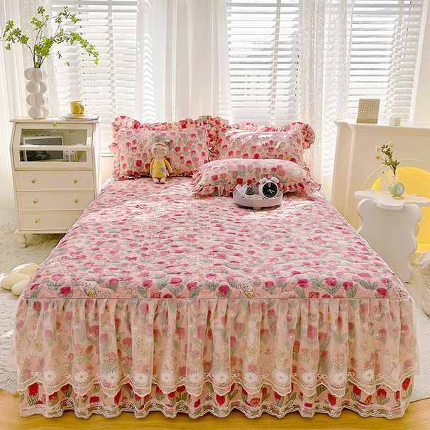 Pure Skirt Single Piece Princess Girl Lace Cover Three-Piece Set Full Cotton Thickened Quilted Non-Slip Bed Sheet Style_maomaolike.com