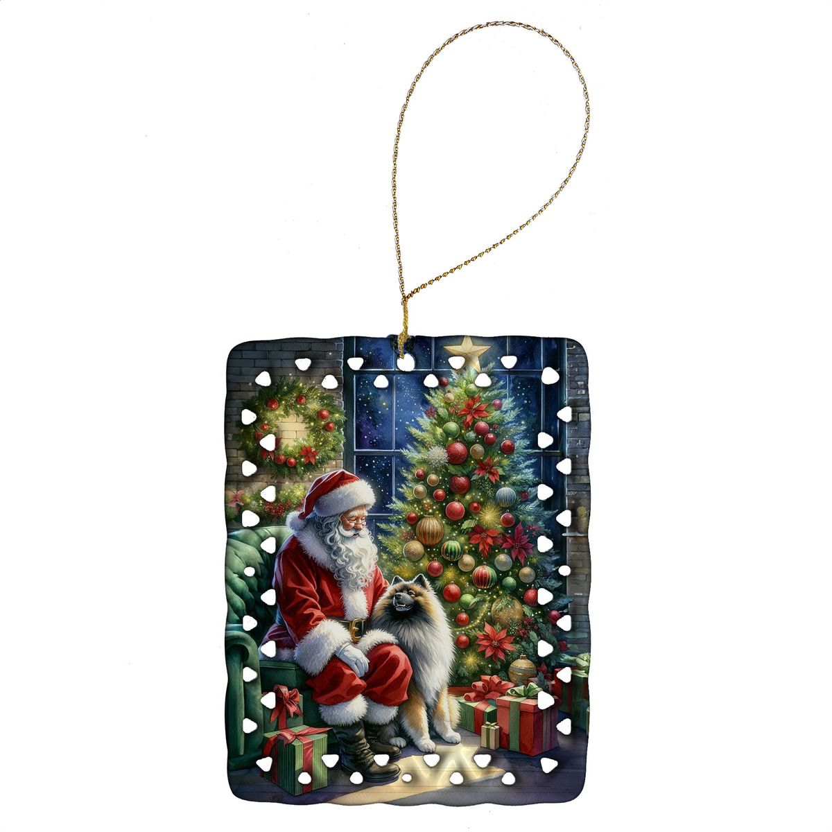 Keeshond And Santa Claus Porcelain Ornament Christmas Tree Hanging Decorations For Home Christmas Holiday, Rectangle, Gift, Multicolor_maomaolike.com