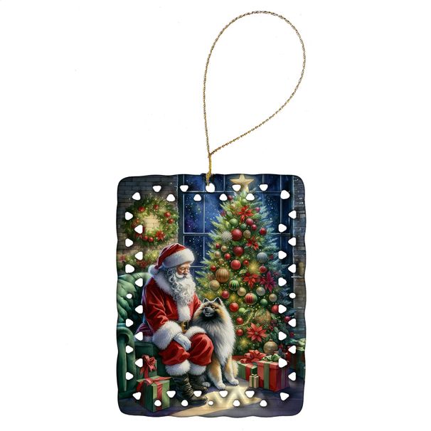 Keeshond And Santa Claus Porcelain Ornament Christmas Tree Hanging Decorations For Home Christmas Holiday, Rectangle, Gift, Multicolor_maomaolike.com
