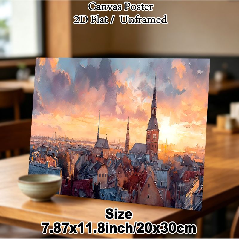 Old European City Sunset Painting Poster, Warm-toned Watercolor Historic Skyline Poster, Atmospheric Scenic Artwork Ideal For Living Room, Office Wall_maomaolike.com