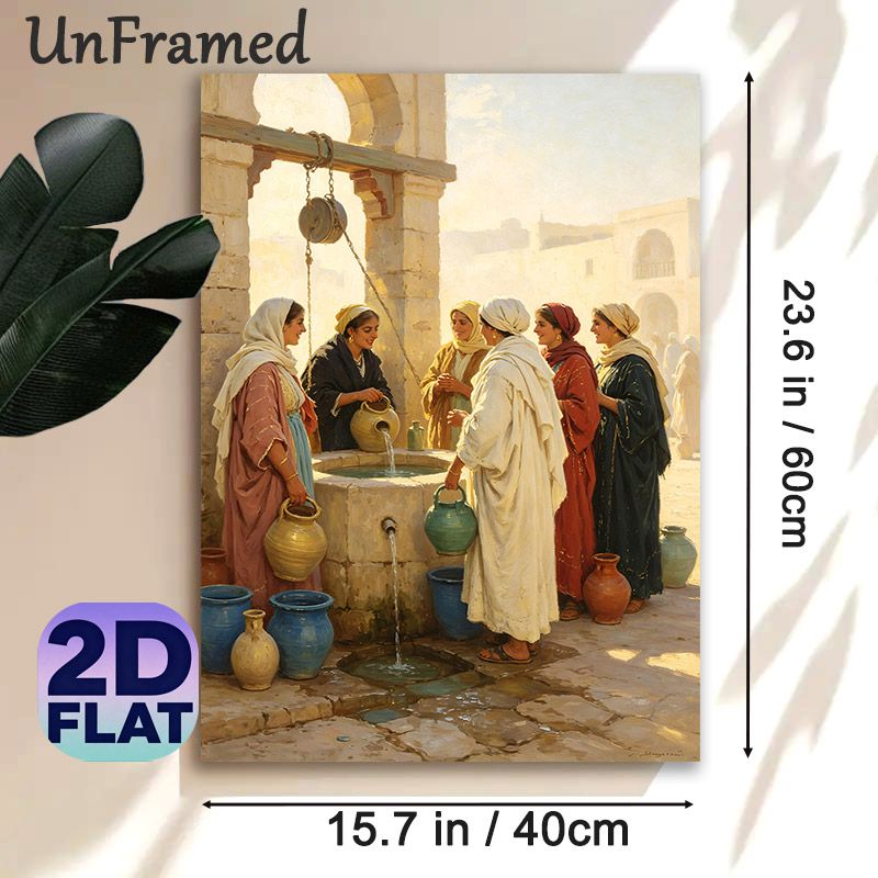 Middle Eastern Women At The Well Painting Poster, Warm-toned Realistic Oil Style Poster, Captivating Traditional Daily Life Decor Idea For Living_maomaolike.com