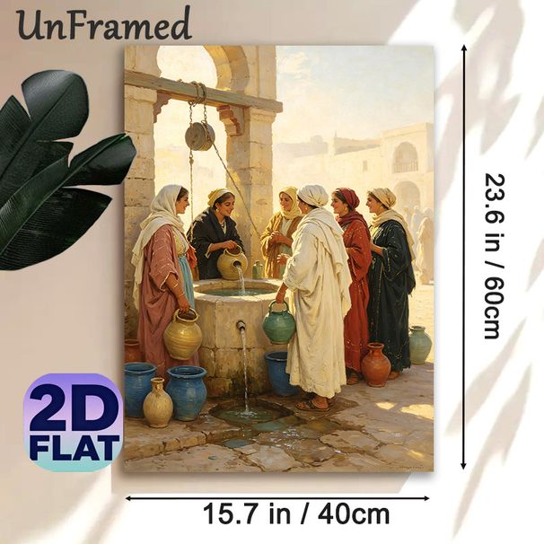 Middle Eastern Women At The Well Painting Poster, Warm-toned Realistic Oil Style Poster, Captivating Traditional Daily Life Decor Idea For Living_maomaolike.com
