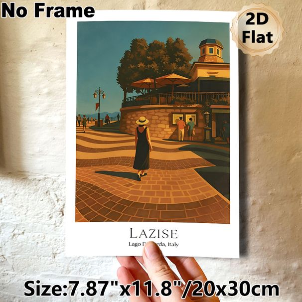 Lazise Italy Coastal Town Painting Poster, Warm-toned Retro Illustrative Poster, Sunlit Waterfront Promenade Scene, Brings Tranquil Ambiance Suitable_maomaolike.com