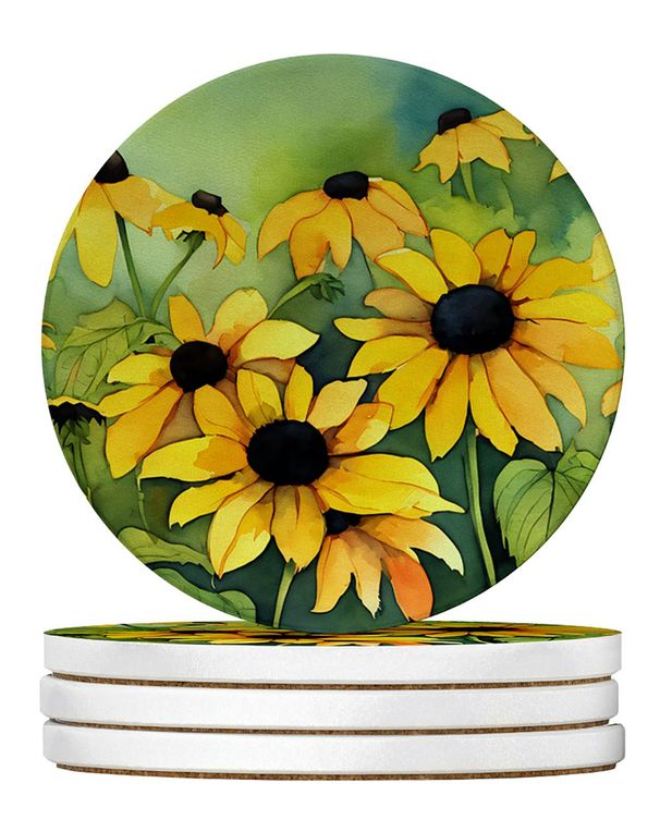 Maryland Black-Eyed Susans In Watercolor Large Sandstone Coasters Pack Of 4 Absorbent Round Coasters Decor Gifts For Men Or Women, 4 In, Multicolor_maomaolike.com