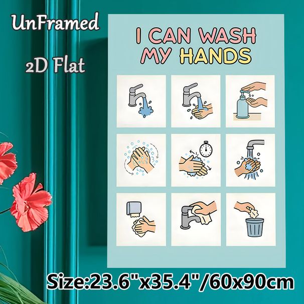Hand Washing Steps Painting Poster, Clear Cartoon-style Step-by-step Guide Poster, Visual Handwashing Instruction Suitable For Bathroom, Public_maomaolike.com