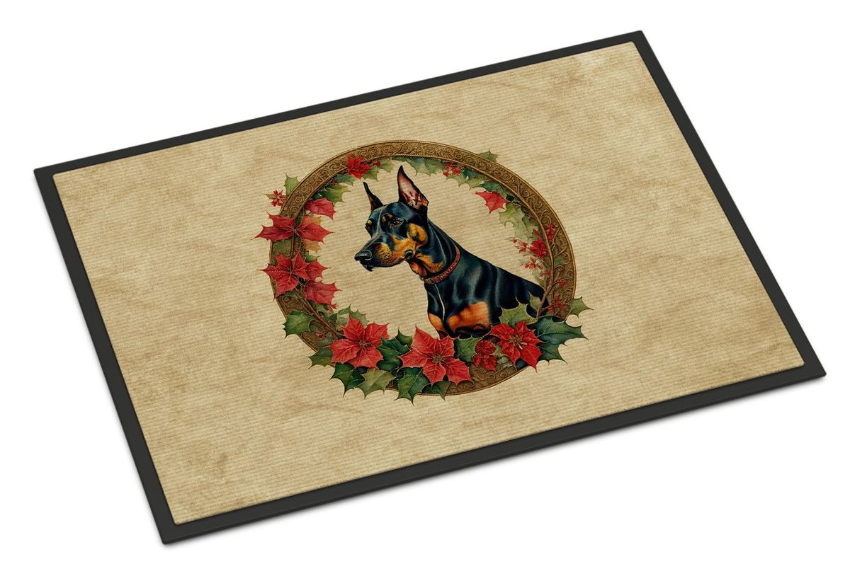 Doberman Pinscher Christmas Flowers Doormat Front Door Mat Indoor Outdoor Rugs For Entryway, Non Slip Washable Low Pile, 24H X 36W_maomaolike.com