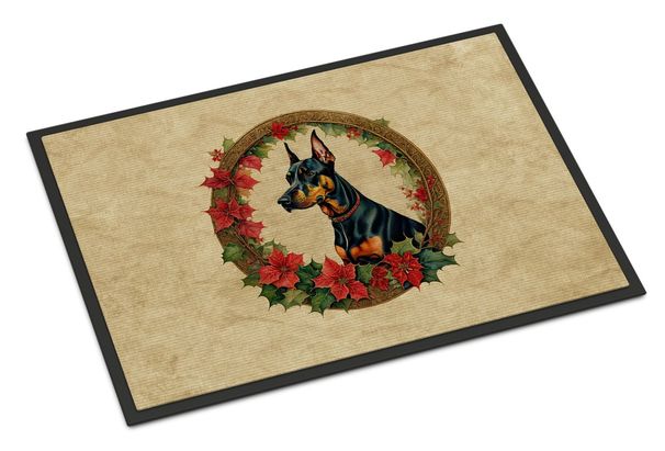 Doberman Pinscher Christmas Flowers Doormat Front Door Mat Indoor Outdoor Rugs For Entryway, Non Slip Washable Low Pile, 24H X 36W_maomaolike.com