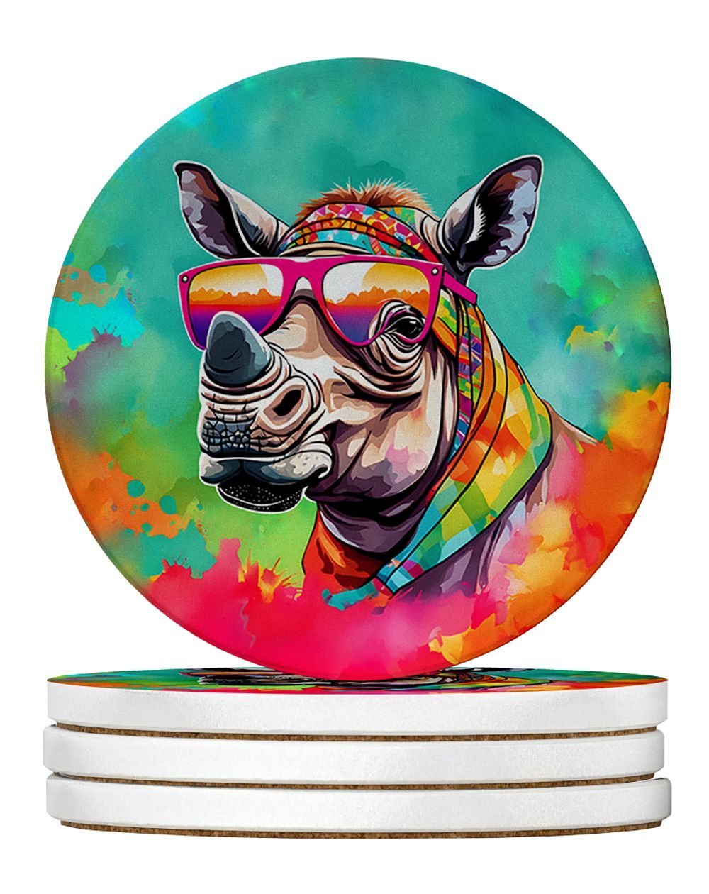 Hippie Animal Rhinoceros Large Sandstone Coasters Pack Of 4 Absorbent Round Coasters Decor Gifts For Men Or Women, 4 In, Multicolor_maomaolike.com