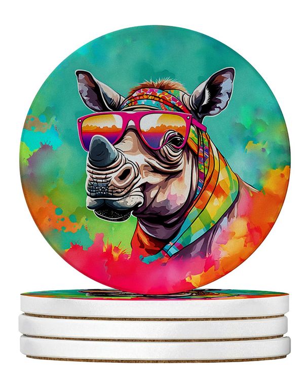 Hippie Animal Rhinoceros Large Sandstone Coasters Pack Of 4 Absorbent Round Coasters Decor Gifts For Men Or Women, 4 In, Multicolor_maomaolike.com