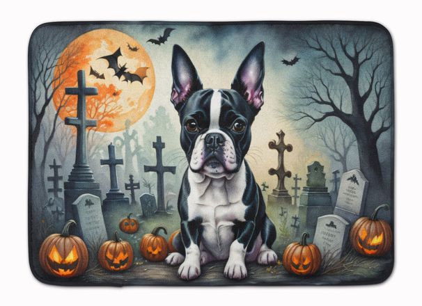 Boston Terrier Spooky Halloween Memory Foam Kitchen Mat Machine Washable Anti-Fatigue Mat Cushion Comfort Bath Mat Or Kitchen Rug_maomaolike.com