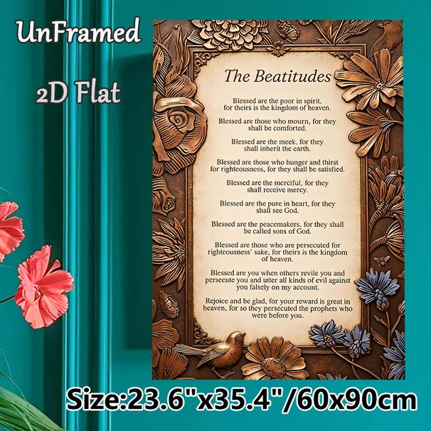 The Beatitudes Religious Painting Poster, Vintage Embossed Floral & Bird Framed Text Poster, Inspirational Biblical Verse Decor For Home, Prayer_maomaolike.com