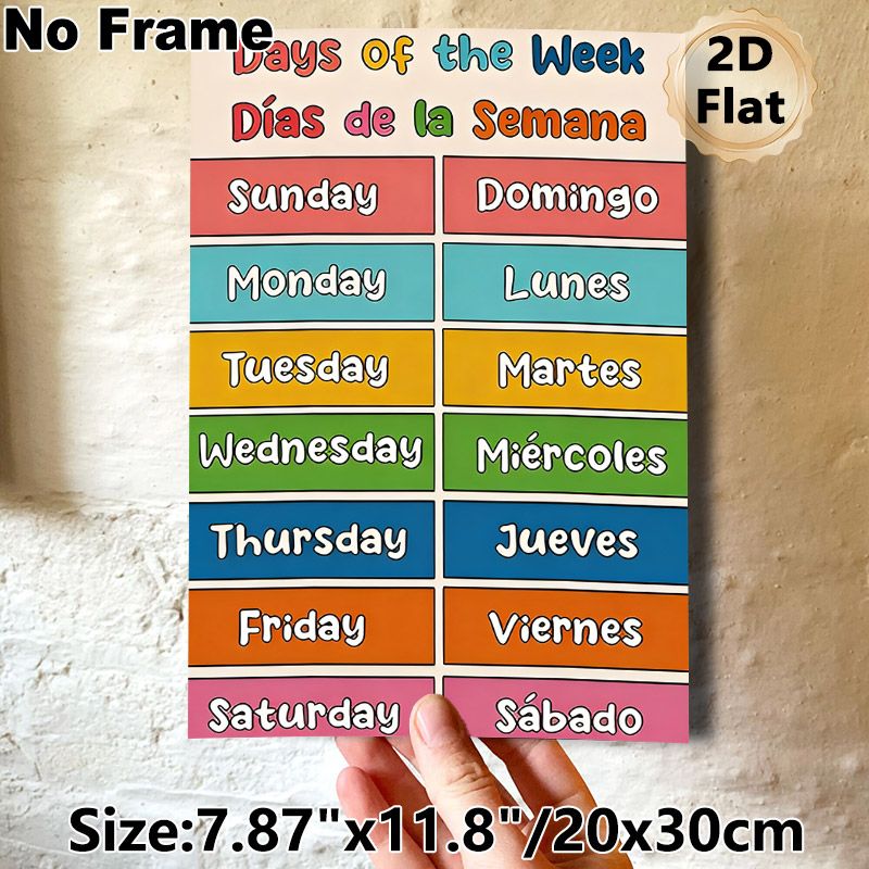 Bilingual Days Of The Week Painting Poster, Vibrant Color-blocked Educational Poster, Practical Visual Aid For Learning English And Spanish Days_maomaolike.com