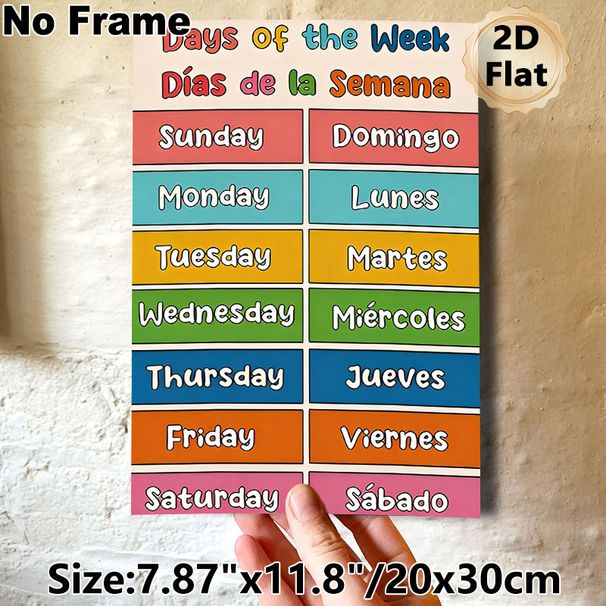 Bilingual Days Of The Week Painting Poster, Vibrant Color-blocked Educational Poster, Practical Visual Aid For Learning English And Spanish Days_maomaolike.com