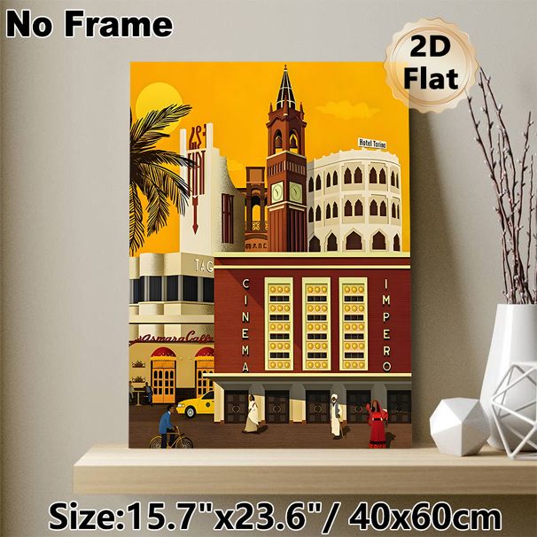 Vintage Urban Street Scene Painting Poster, Vibrant Retro Flat-style Cityscape Poster, Nostalgic Urban Charm With Iconic Buildings, Ideal For Living_maomaolike.com