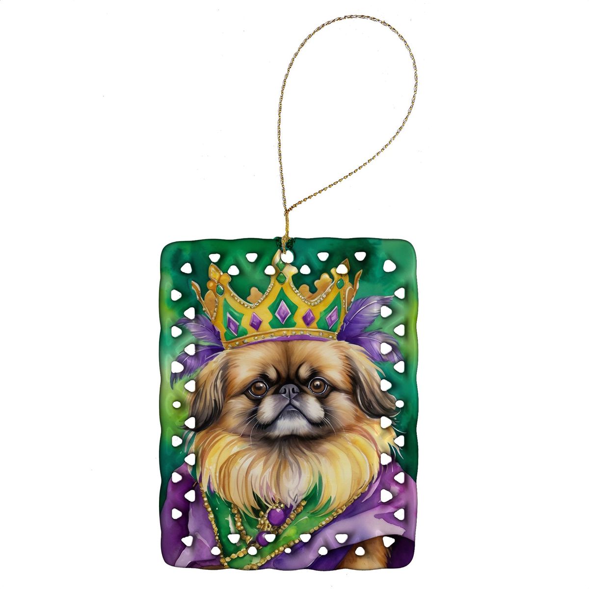 Pekingese King Of Mardi Gras Porcelain Ornament Christmas Tree Hanging Decorations For Home Christmas Holiday, Rectangle, Gift, Multicolor_maomaolike.com