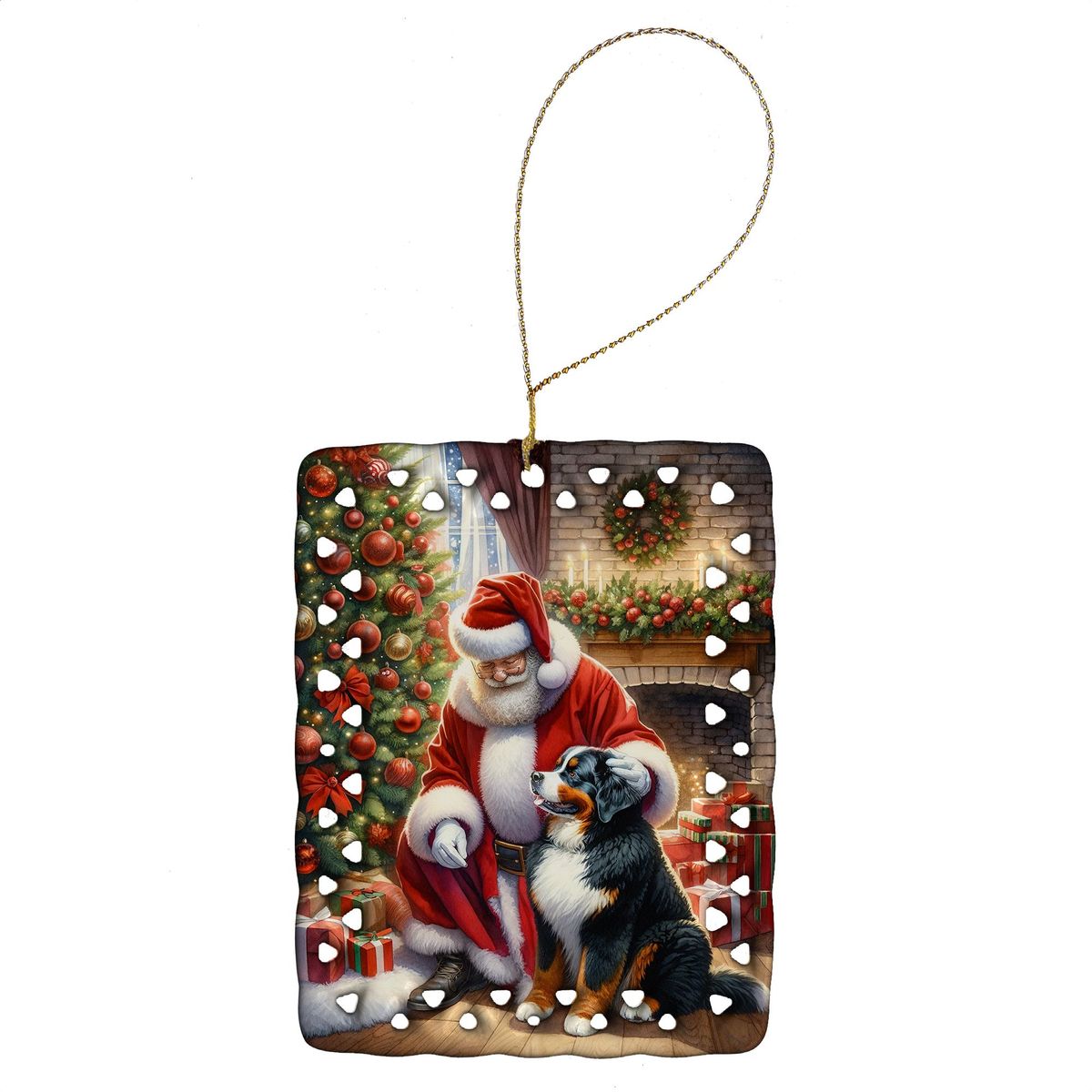 Bernese Mountain Dog And Santa Claus Porcelain Ornament Christmas Tree Hanging Decorations For Home Christmas Holiday, Rectangle, Gift, Multicolor_maomaolike.com