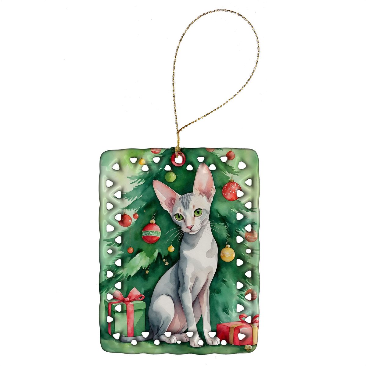 Oriental Shorthair Cat By The Christmas Tree Porcelain Ornament Christmas Tree Hanging Decorations For Home Christmas Holiday, Rectangle, Gift, Multicolor_maomaolike.com