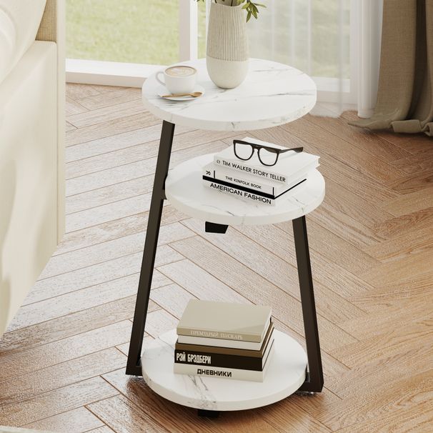 Small Round Side Table With 3-Tier Storage - White Black End Table, Sturdy Metal Frame Nightstand, Compact Couch Table For Bedroom Living Room_maomaolike.com