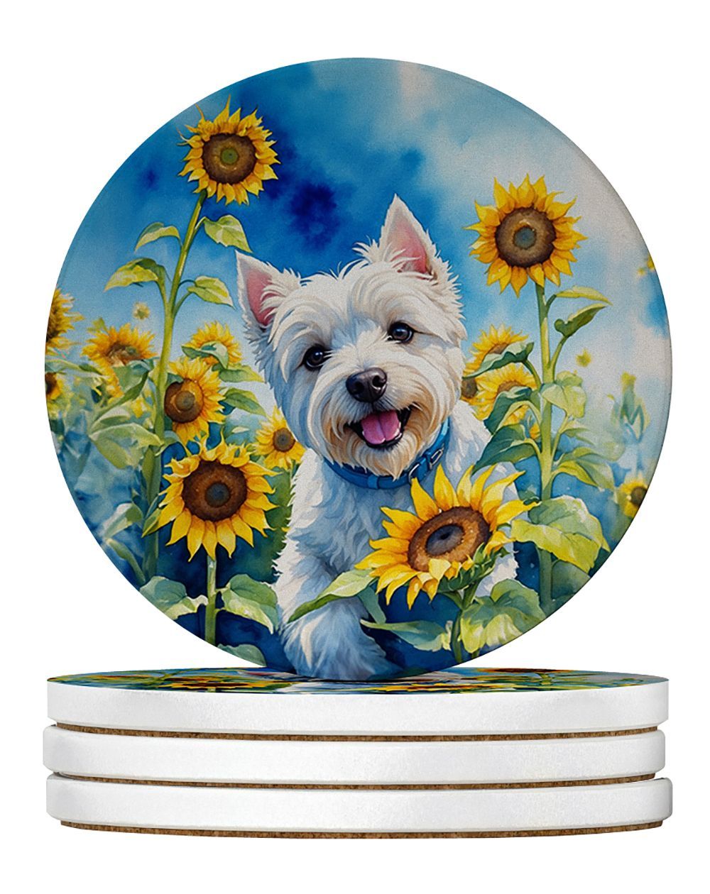Westie In Sunflowers Large Sandstone Coasters Pack Of 4 Absorbent Round Coasters Decor Gifts For Men Or Women, 4 In, Multicolor_maomaolike.com