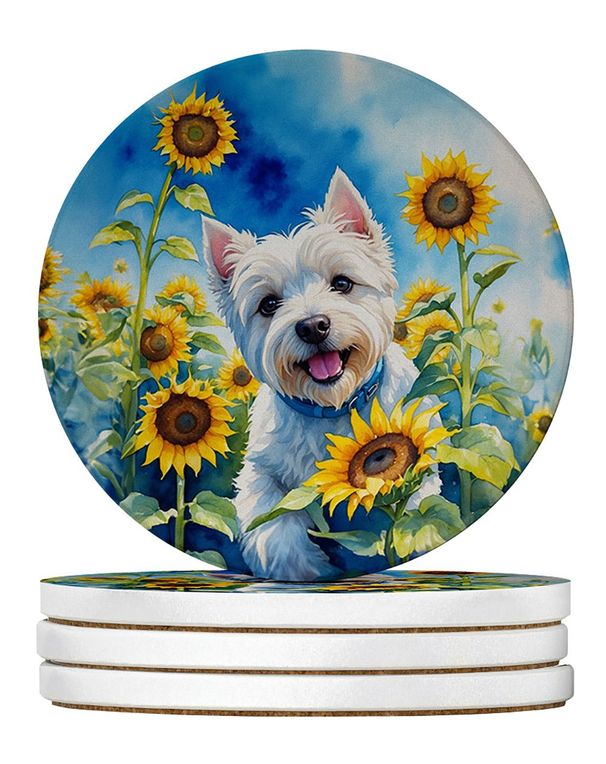 Westie In Sunflowers Large Sandstone Coasters Pack Of 4 Absorbent Round Coasters Decor Gifts For Men Or Women, 4 In, Multicolor_maomaolike.com