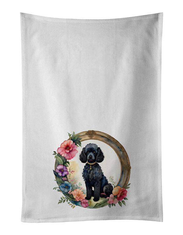 Black Poodle And Flowers Kitchen Towel Set Of 2 White Dish Towels Decorative Bathroom Hand Towel For Hand, Face, Hair, Yoga, Tea, Dishcloth, 19 X 28", White_maomaolike.com