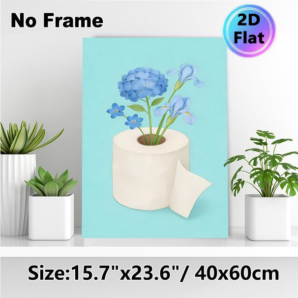 Blue Floral Toilet Roll Themed Painting Poster, Whimsical Soft Illustrative Poster, Unique Flower-in-toilet-roll Design Brings Lighthearted Charm_maomaolike.com